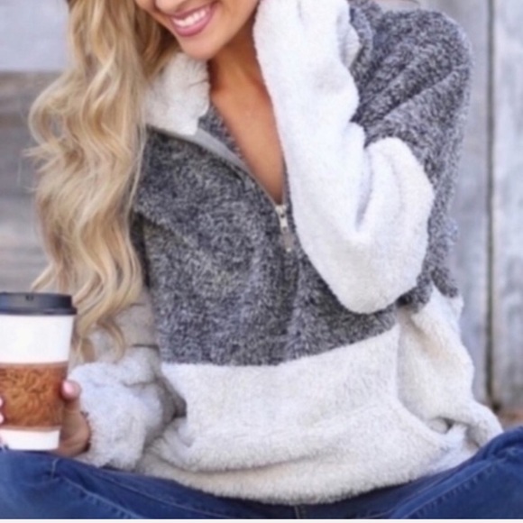 Tops - Plush Quarter Zip Grey Soft Cozy Fuzzy Pullover